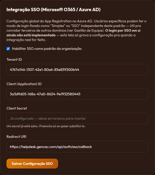 Painel de configuração de SSO