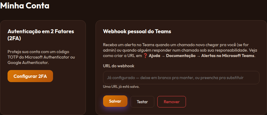 Painel Minha Conta, com 2FA e webhook pessoal do Teams